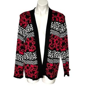 Alfred Dunner Geometric Print Cardigan Sweater Size Large Red/Black